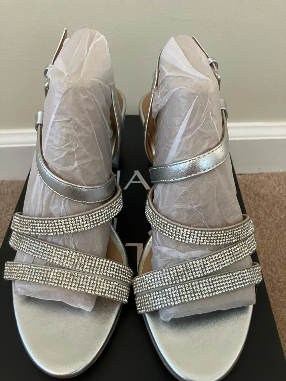 Naturalizer “Bridget” Silver Rhinestone Strap Women's Block Heel Heels